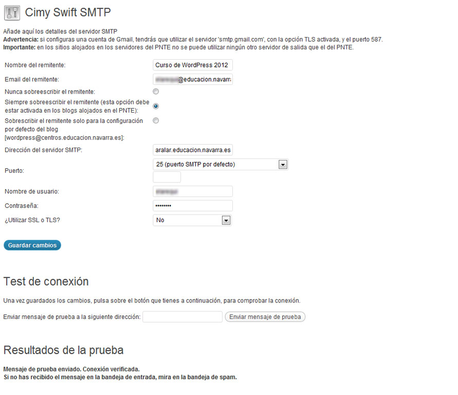 Configuración del plugin Cimy Swift SMTP en los blogs del PNTE