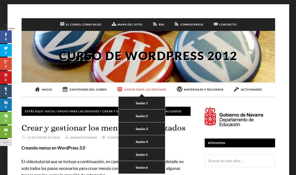 El menú de WordPress, en este sitio web