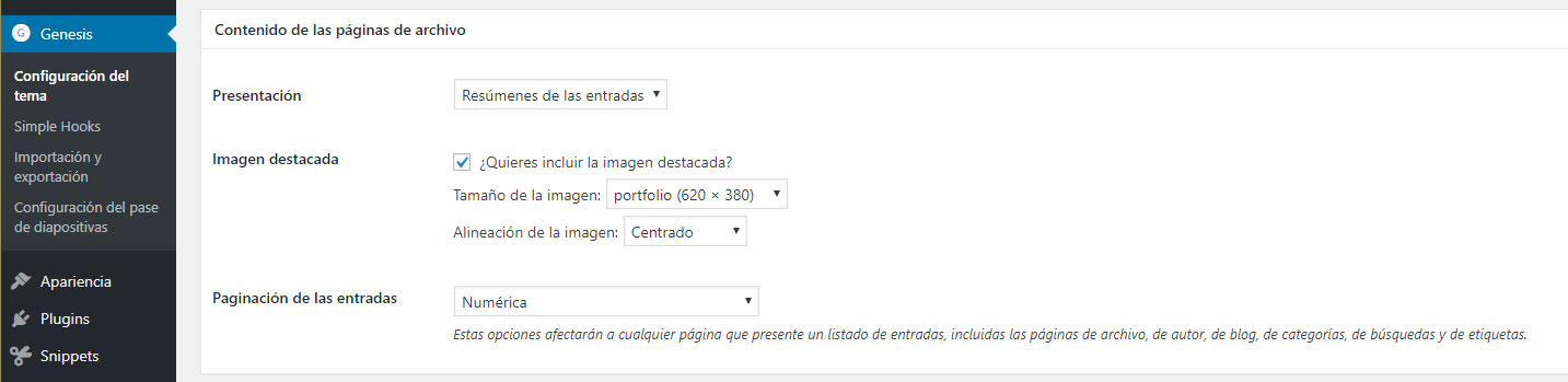 Figura 1 - Configuración de las páginas de archivo en el tema Business Pro